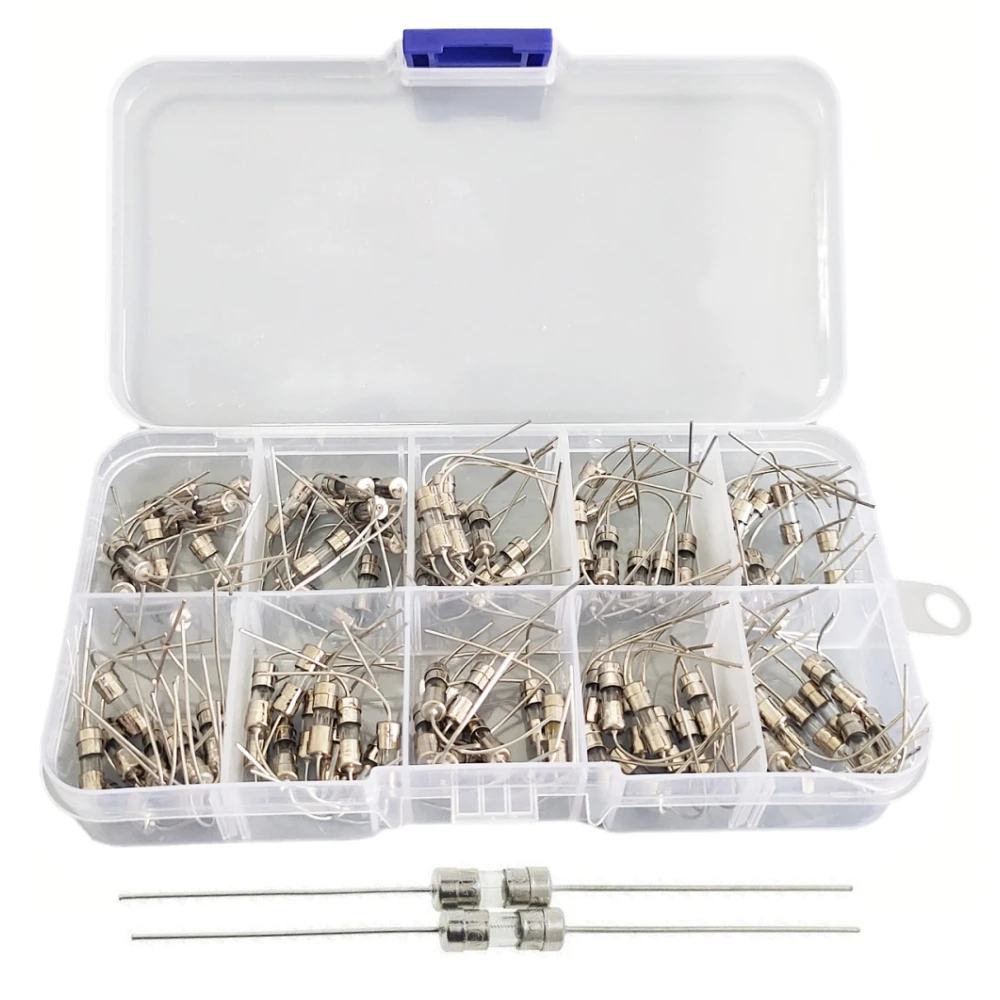 100 Pcs 3.6x10mm PCB Glass Tube Fuse Assortment, 250V Slow Blow Wire Lead Fuses (0.5A-10A) for DIY Electronics