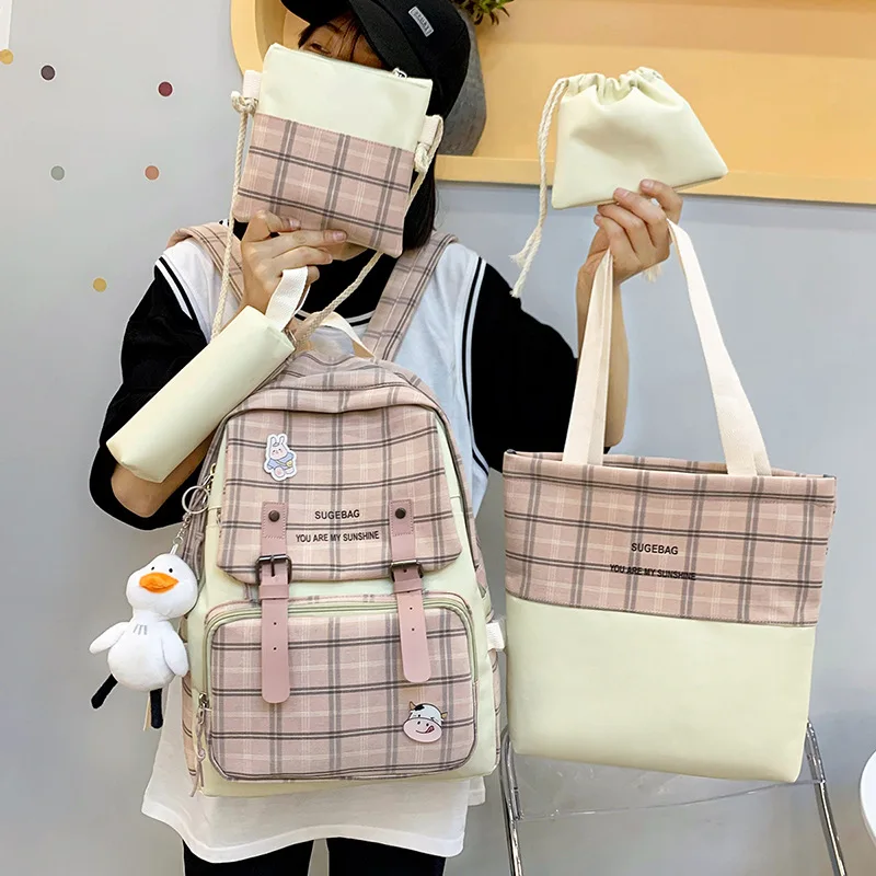 Student Schoolbag Female Korean Style Fashion Backpack Match Sets Checked Backpack Sweet Girl Campus Bag sac universite femme