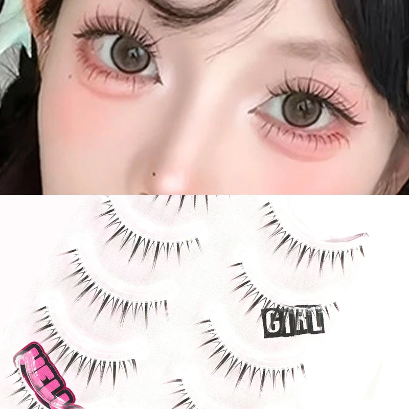 5 Paar natürliche, transparente Wimpern mit Stiel, Fee, falsche Wimpern, Handrippenhaar, weiches Cartoon-Augen-Make-up, Manga-Wimpern