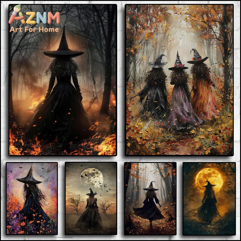 AZNM Mysterious Forest Witch Full‑moon Dark Gothic Halloween Canvas Wall Art, Spooky Fantasy Frameless Canvas Print Poster for I