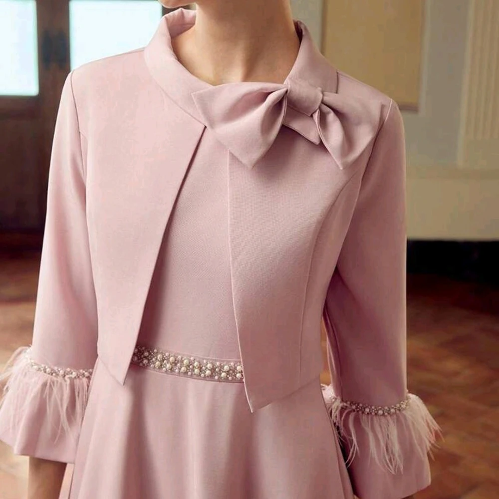 Customized A-line Evening Dresses Tea-length O-neck Three Quarter Sleeve Prom Gown Fashion Bow Beading Tassel Casual Party Gown