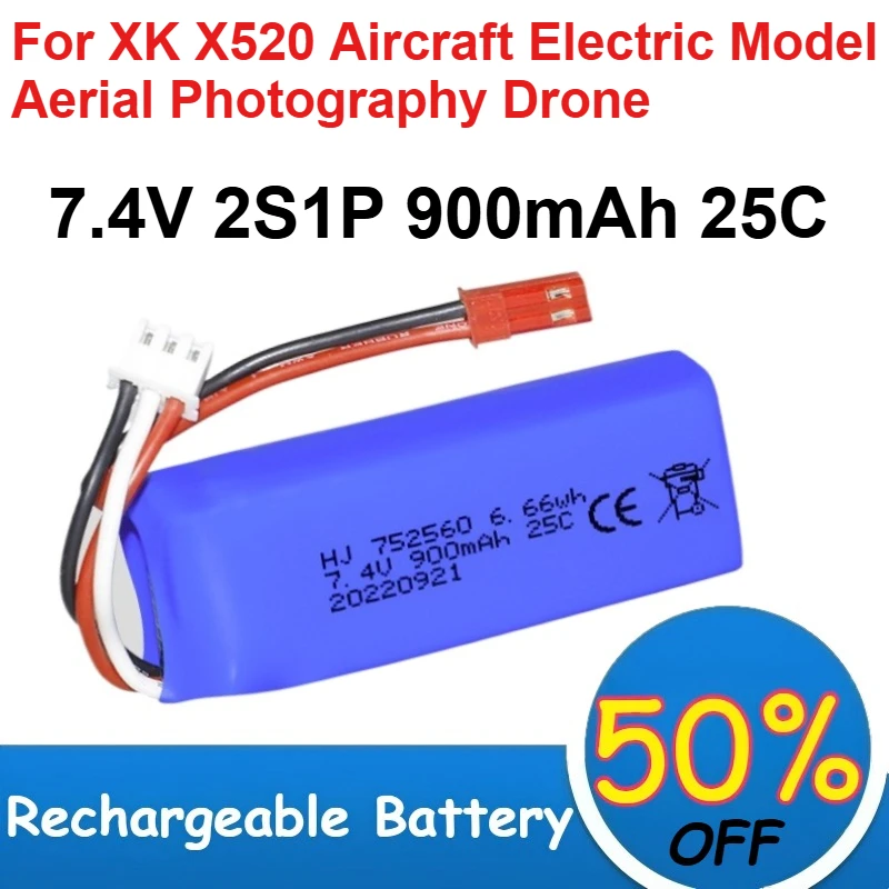 

752560 7.4V Lipo Battery 2S1P 900mAh 25C for XK X520 Aircraft Aerial Photography Drone Electric Model Rechargeable Batteries