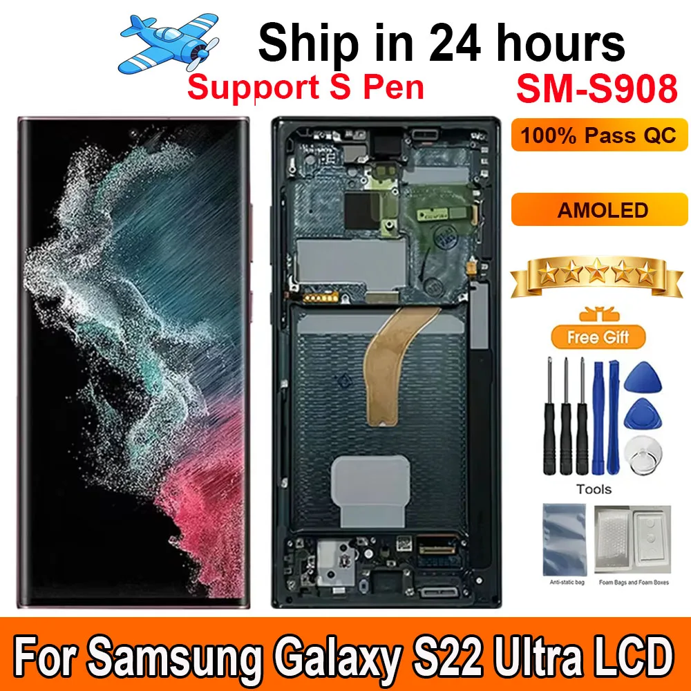 Screen 6.67‘‘AMOLED For Samsung Galaxy S22 Ultra 5G LCD Display Touch With Frame Display Replacement Support S Pen Fingerprin