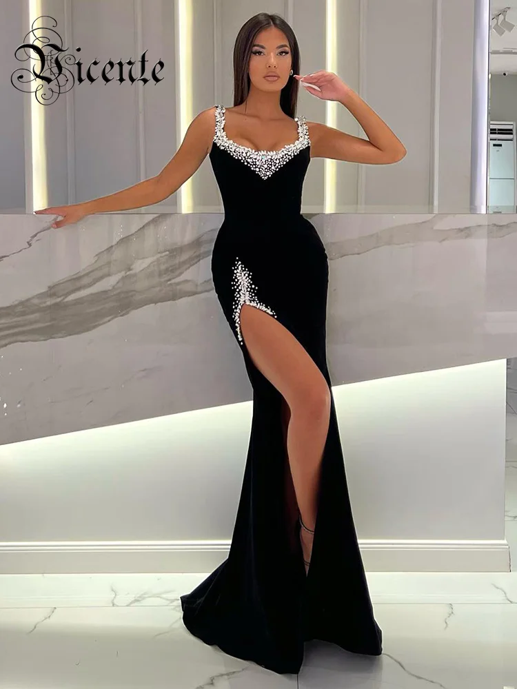 

VC Cocktail Party Dresses For Women Spaghetti Strap Crystal Pearl Black Velvet Sexy High Slit Maxi Gown For Special Events