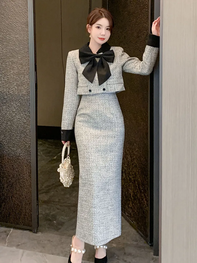 French Small Fragrance Tweed 2 Piece Sets Women Outfit Bow Jacket Coat + Long Skirt Two Piece Set Conjuntos Femininos Elegantes