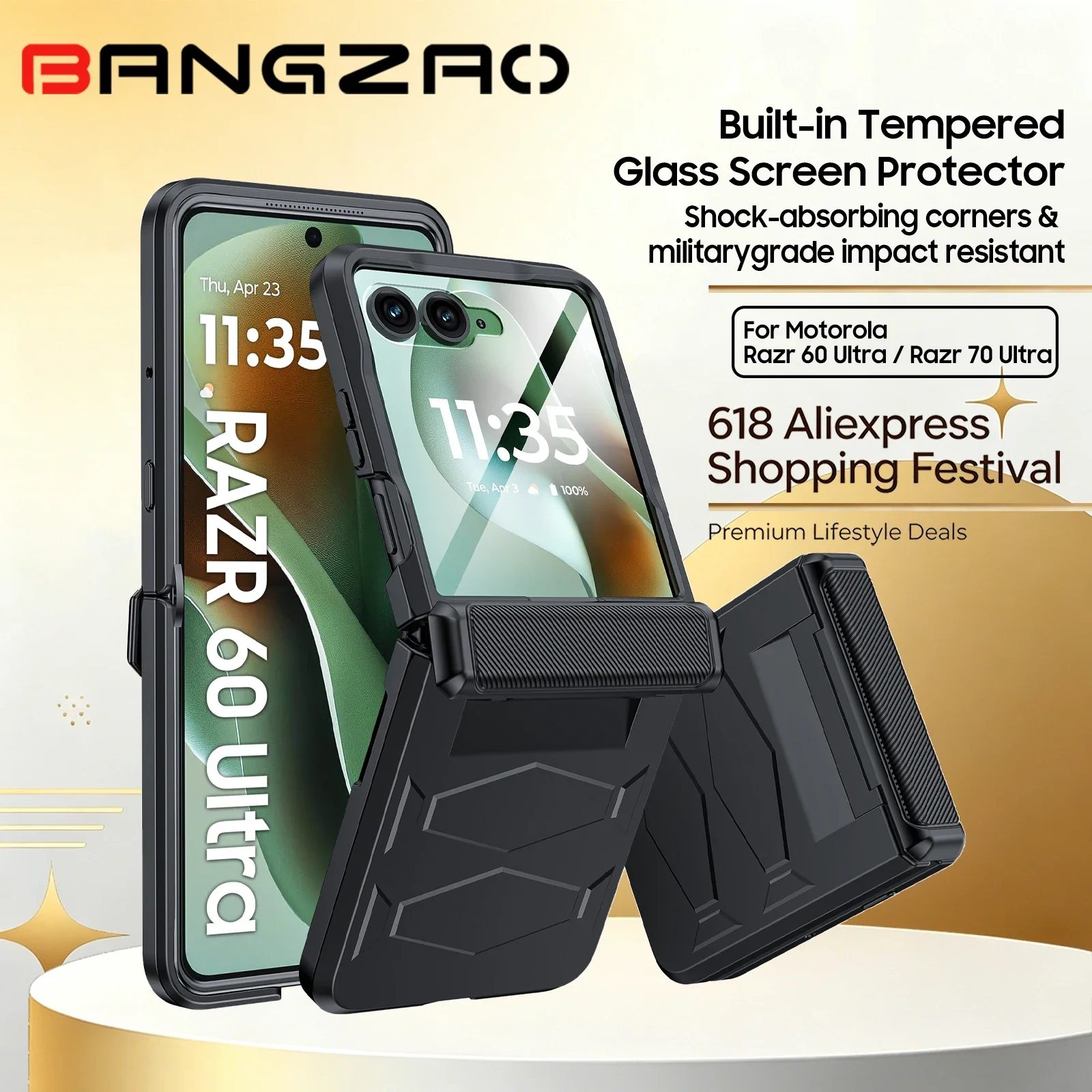 ¡Oferta 618! Funda Protectora para Motorola Razr 60 Ultra/70 Ultra con Cristal Templado HD Incorporado, Protección de Grado Militar Contra Caídas, Protección de Bisagra - Negra
