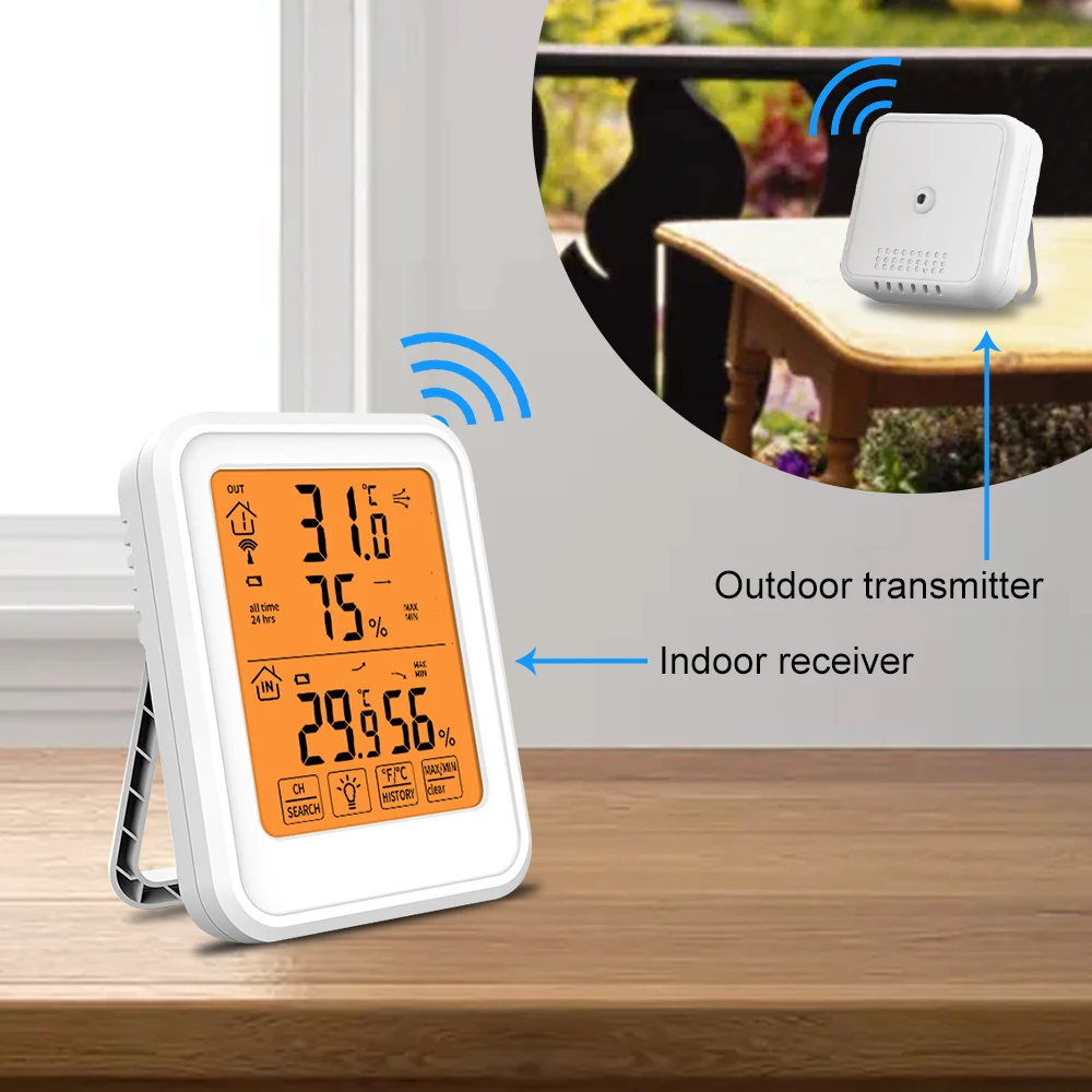 Stazione meteorologica Wireless termometro esterno per interni igrometro temperatura digitale umidità sensore remoto Touch Screen retroilluminazione