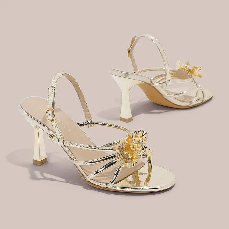 

2025 Summer New French Metal Flower Fashion Sandals for Women, Sexy, Open toed, High Heels, Stylish, Versatile, and Cool