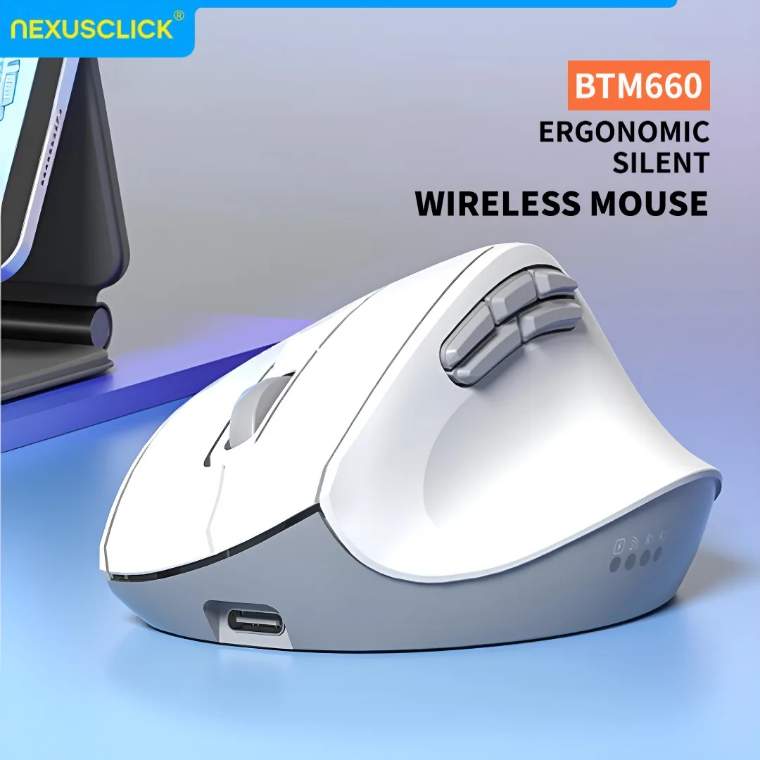 

Эргономичная вертикальная беспроводная мышь NexusClick, бесшумное нажатие, перезаряжаемая, регулируемое разрешение DPI, подключение к нескольким устройствам для ноутбука/планшета