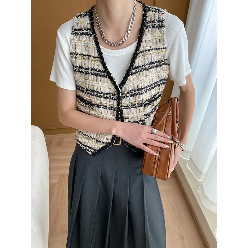 Small Fragrant Tweed Vest Jacket Spring New Fashion Casual Basic Korea Chic V-neck High Quality Sleeveless Women Plaid Vest