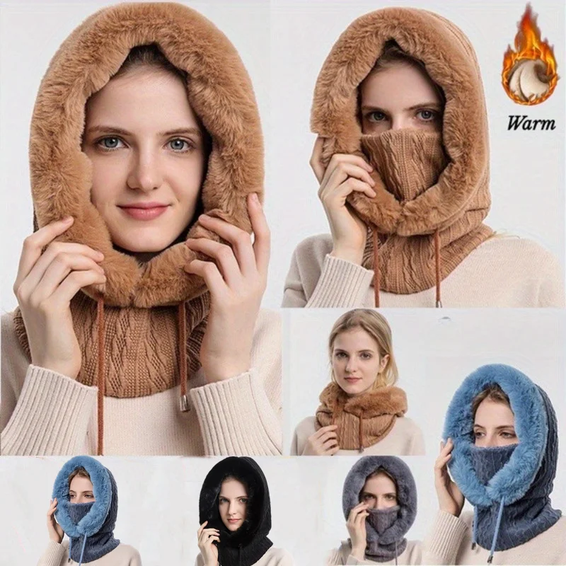 

Winter Warm Womens Outdoor Riding Ski Cap Plus Fleece Knitted Hat Windproof Cycling Neck Scarf Crochet Caps