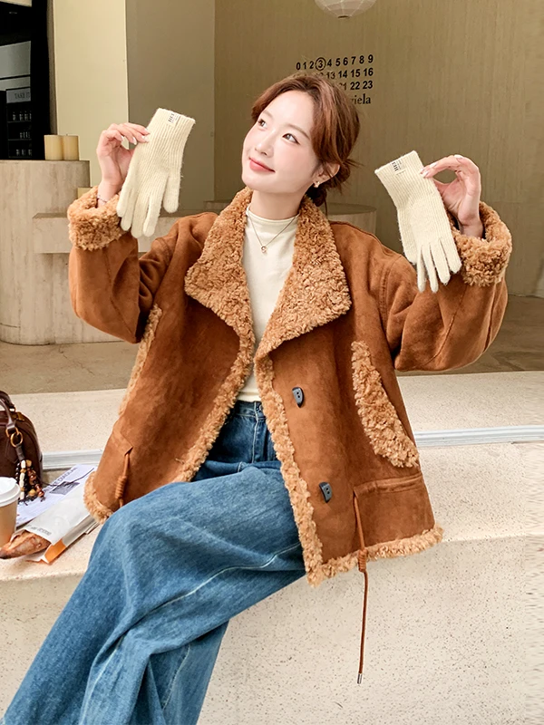 Brown Lamb Fur Jaet Women's ort Thiened Autumn Winter New Sle Warm Loose Fit Long Sve Button Closure