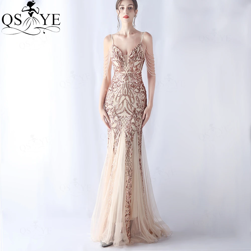 

Gold Mermaid Prom Dresses Pattern lace Sequin Beading String Spaghetti Straps V neck Party Gown Side Sleeves Women Evening Dress