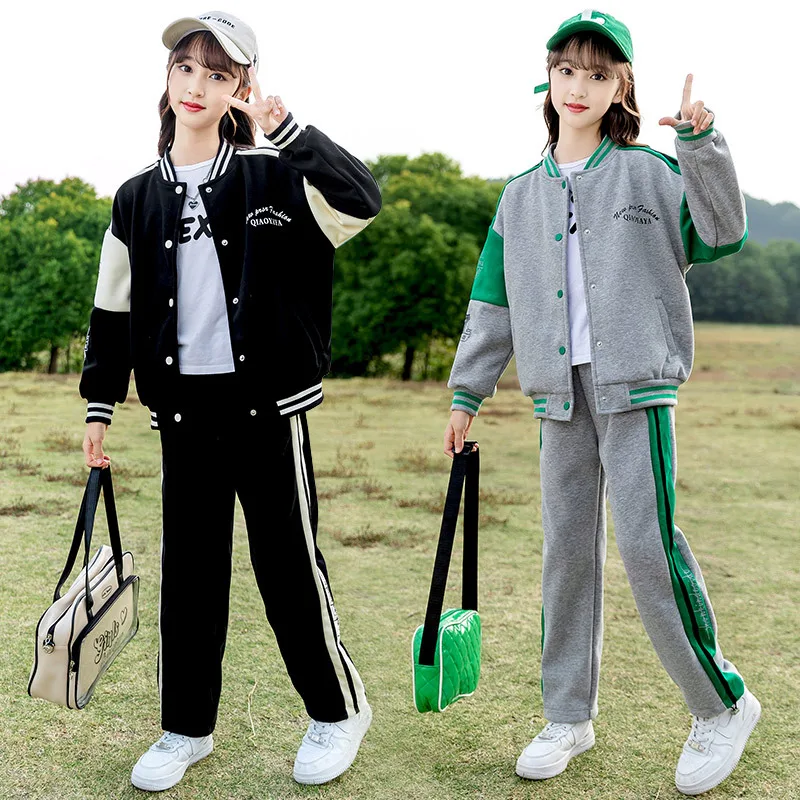 ZOETOP Spring Autumn Children Girl Tracksuit Junior Girl Contrast Single-breasted Sport Coats+Sports Pants Trousers Set For Girl