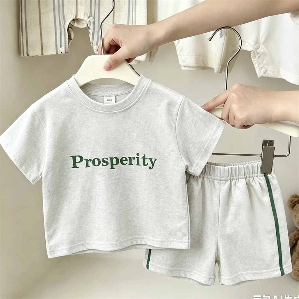 Letter Print Tshirt Casual Sports Shorts 1-7Years Old Kids Short-sleeved Outfits Small Child Summer Clothing Top Loose Shorts