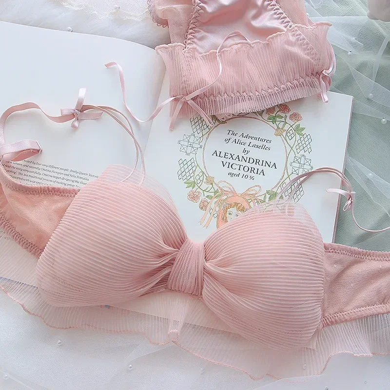2026 Neues Süßes Lolita-Schleifen-Mesh-BH-Set, Süßer Rüschen-BH ohne Bügel, Bequeme Unterwäsche im japanischen Stil für Mädchen – Detail 5