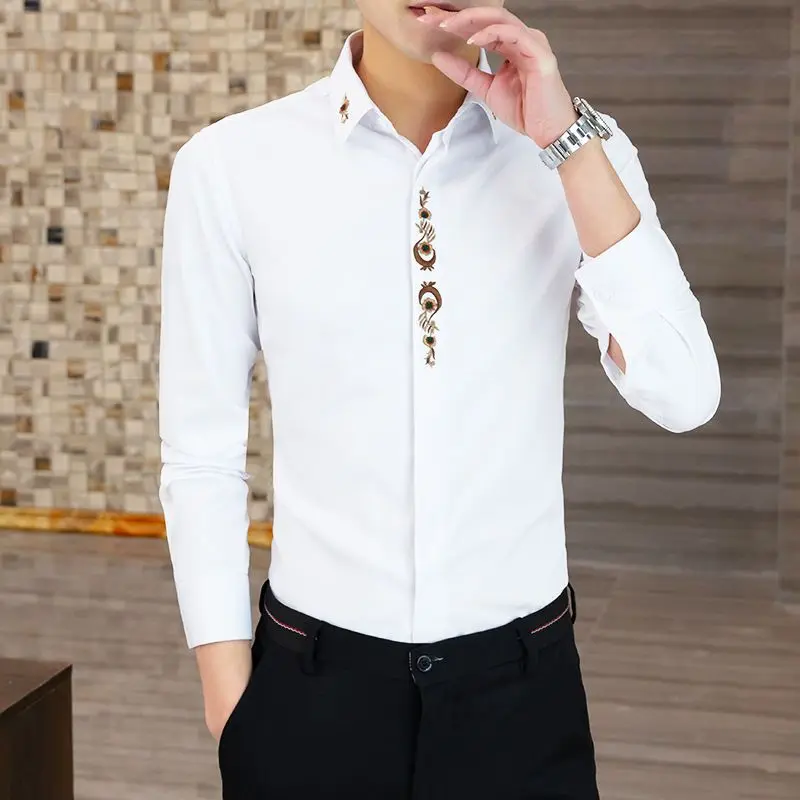 Men\'s Shirts Long Sleeve Embroidery Fashion Korean Slim Fit Trendy White High Quality Social Henley Man Casual Dress Shirt Black