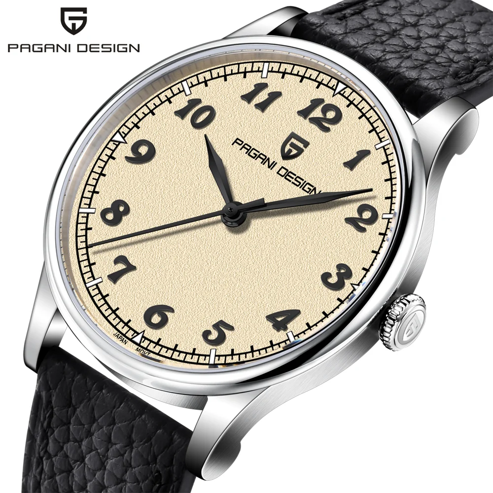 PAGANI DESIGN Men's Quartz Watch 40mm TMI VH31 Sweep Second Synthetic Sapphire Glass Leather Strap Classic Dress Reloj Hombre