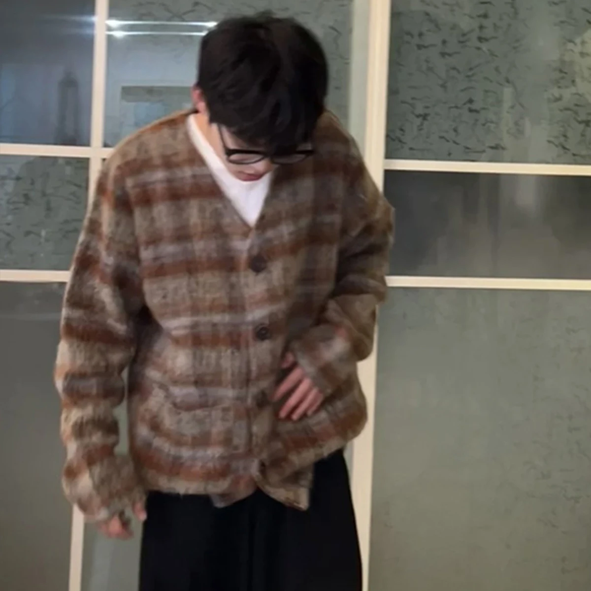 NIGO Men's Plaid Red Brown Fall Fashion Trend Plush Shirt Single Breasted V-Neck Jacket #NGTOP12125 - Image 3