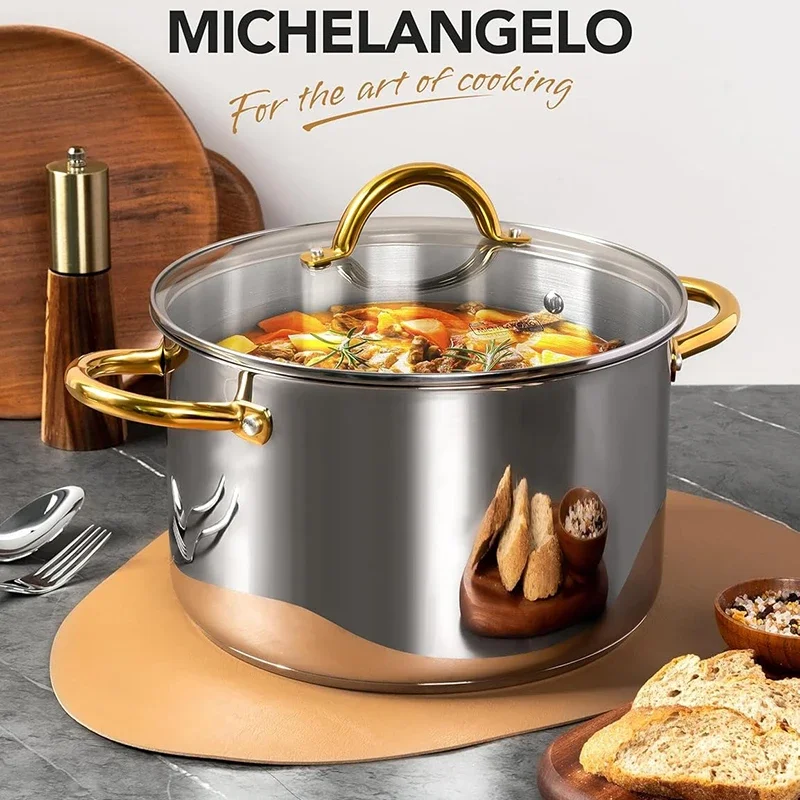 

MICHELANGELO 6/8/10QT Stainless Steel Stock Pot with Lid Cooking Pot with Riveted Handle Induction Compatible Soup Pot Oven Safe