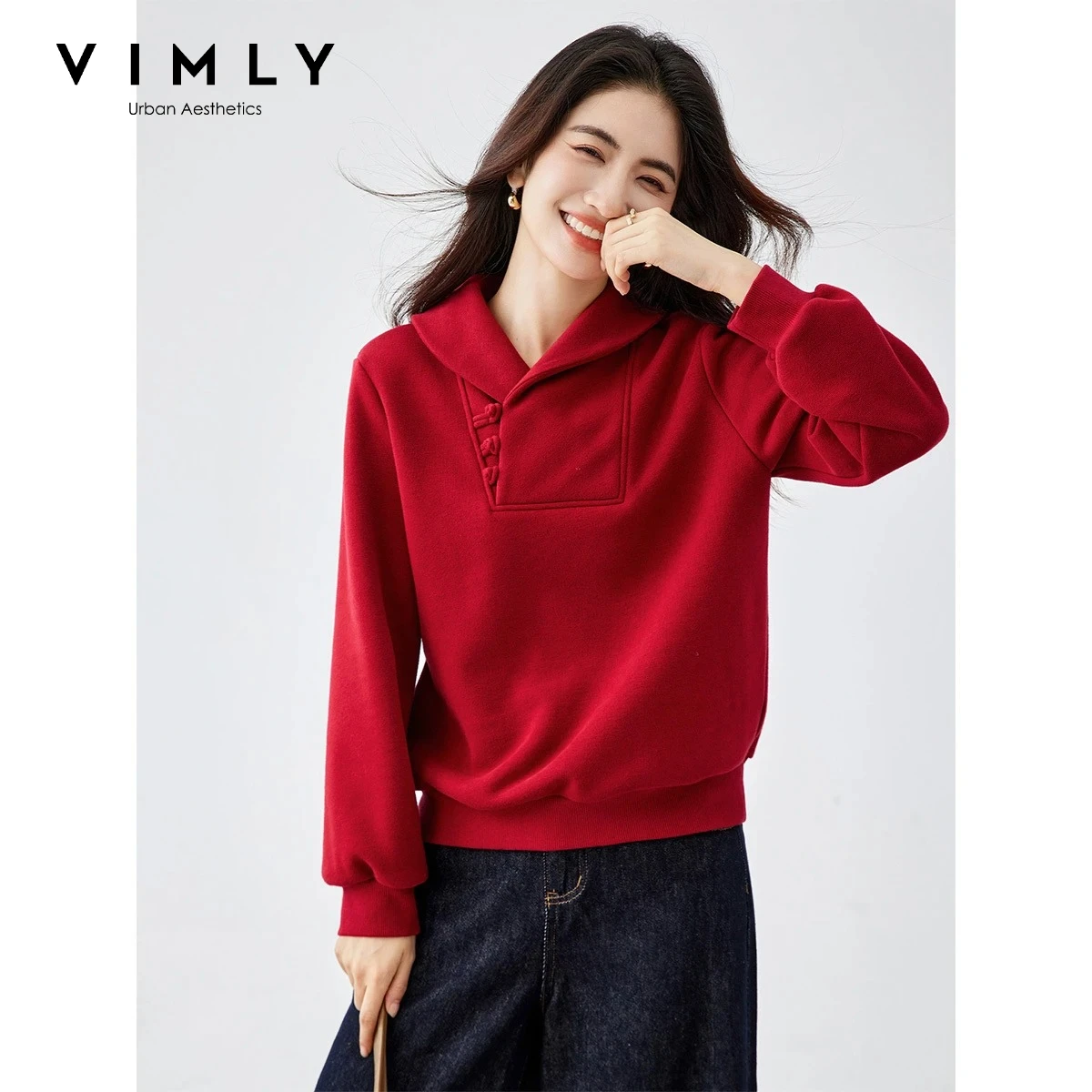 VIMLY Women's Red Sweatshirts Chinese Style Knitted Asymmetrical Polo Neck Sweater Winter 2026 Fleece Lined Loose-fit Tops A3175