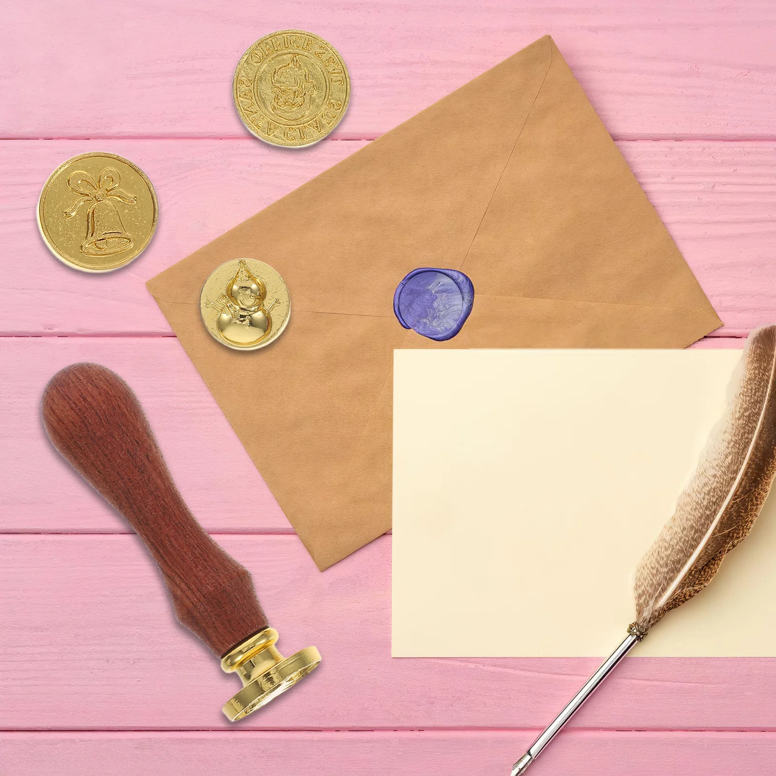 1Set Retro Wax Seal Kit Alloy Heads Wooden Handle Christmas Sealing Kit Invitations Handmade Envelope