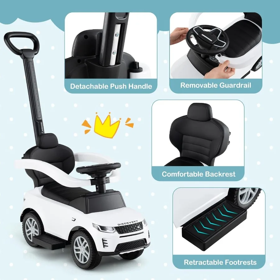 Carro push para crianças 3 em 1 land rover discovery carrinho de passeio deslizante com alça chifre som sob braços de armazenamento