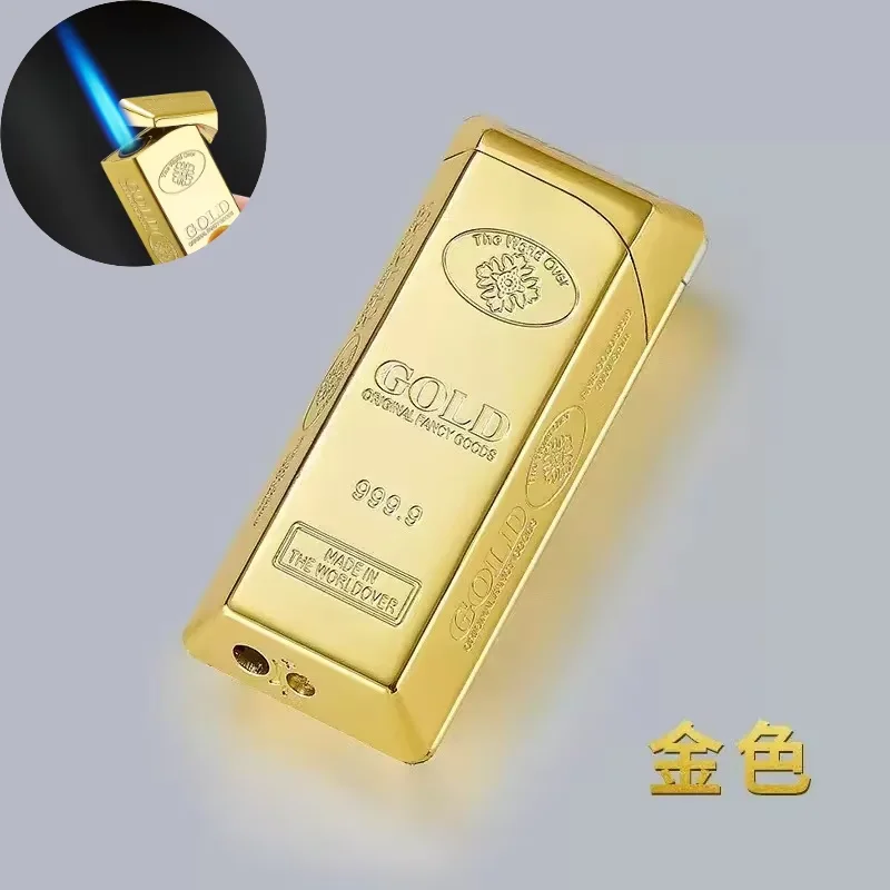Metal Creative Gold Brick Windproof Jet Blue Flame Torch Gas Lighter Small and Rich Portable Cigar Lighters Smoking Wholesale