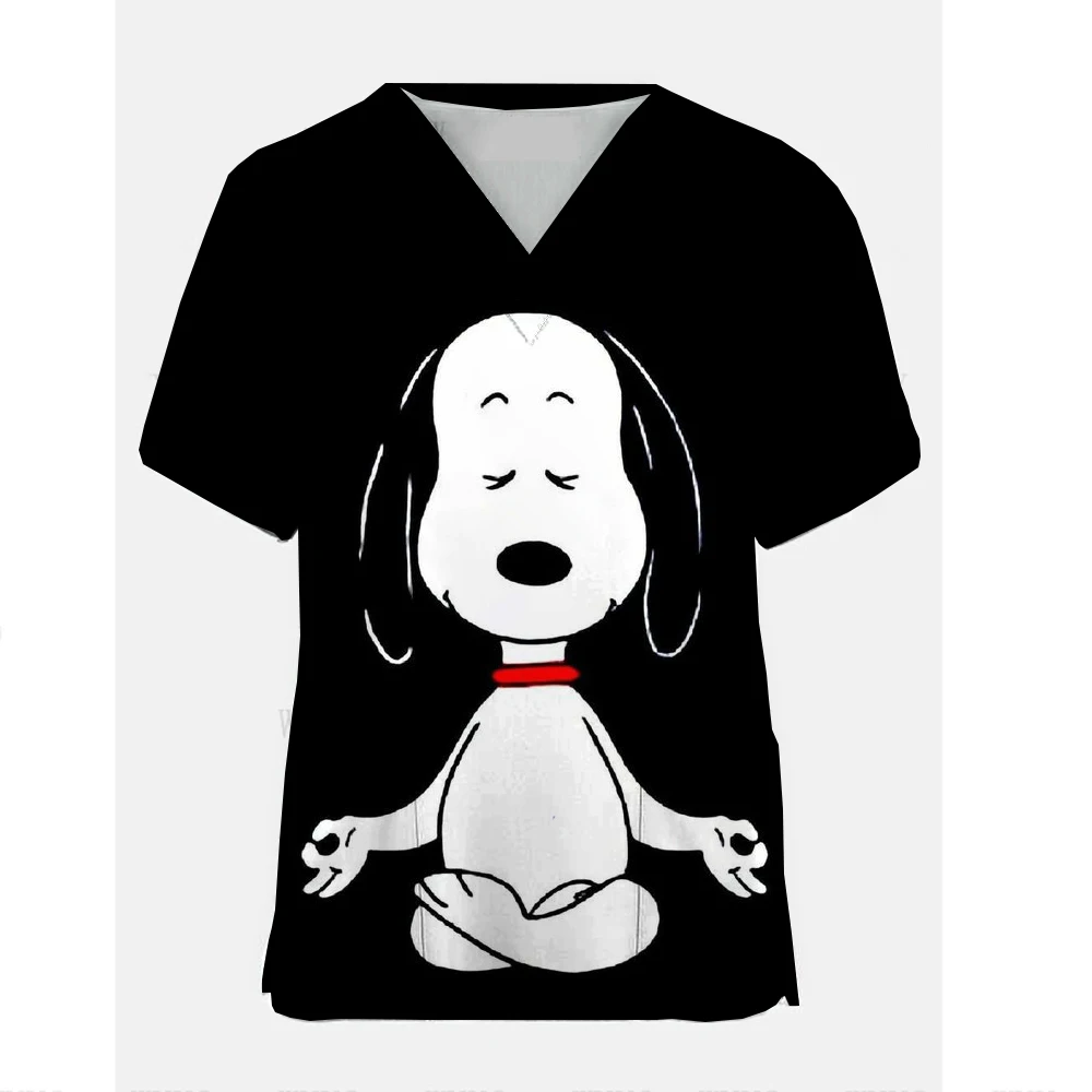 Snoopy print Cartoon Nurse Uniform Quality V-neck Short Sleeve Tee Spa Beauty Salon Pet Work Wear Slim Fit Scrub Clothes