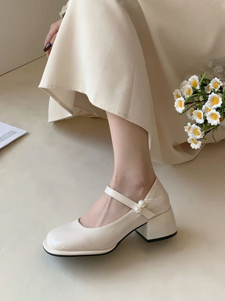 Pearl Square Heels Shoes for Women Chunky Beige with Medium Normal Leather Casual Japanese Style Lolita Toe Gothic Mary Jane L A