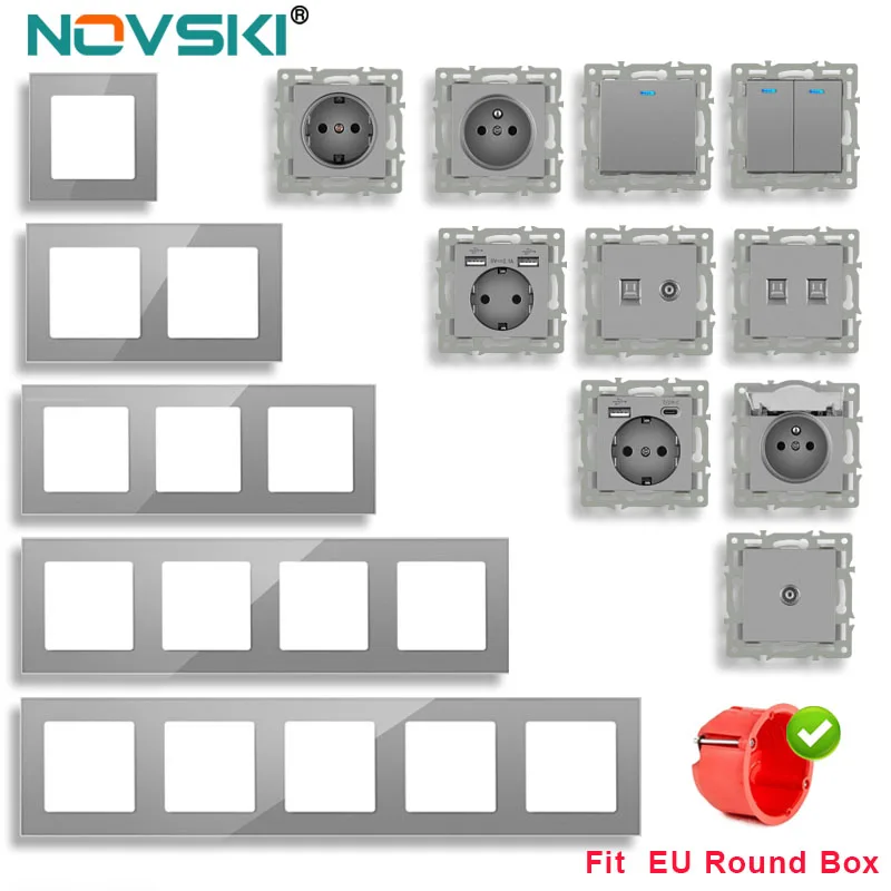novski wall-mounted module diy European standard gray glass panel power socket switch button function free combination