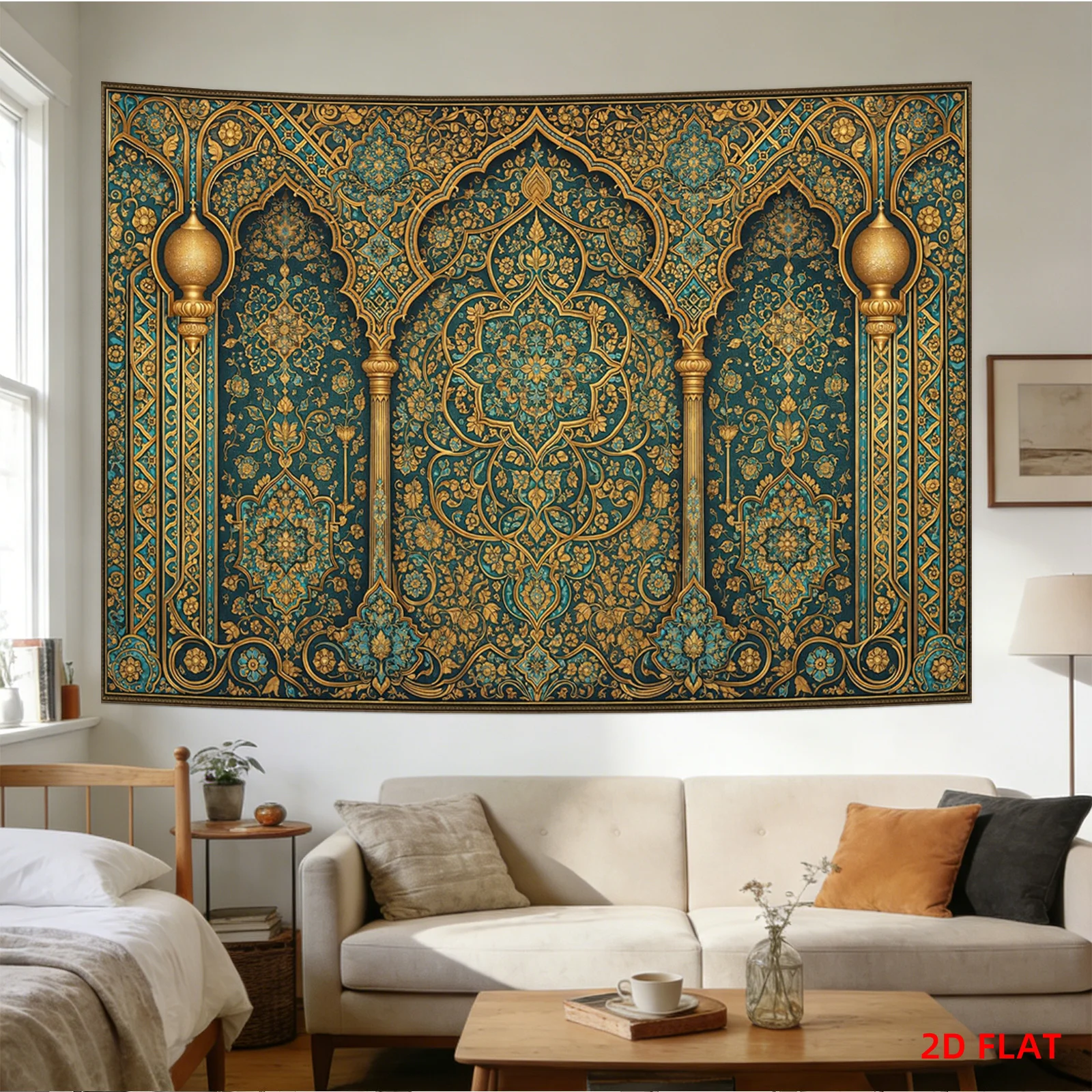 High Quality Gold Ornate Islamic Tapestry Wall Hanging Moroccan Moorish Decor Polyester Art for Living Room Bedroom Home Accent