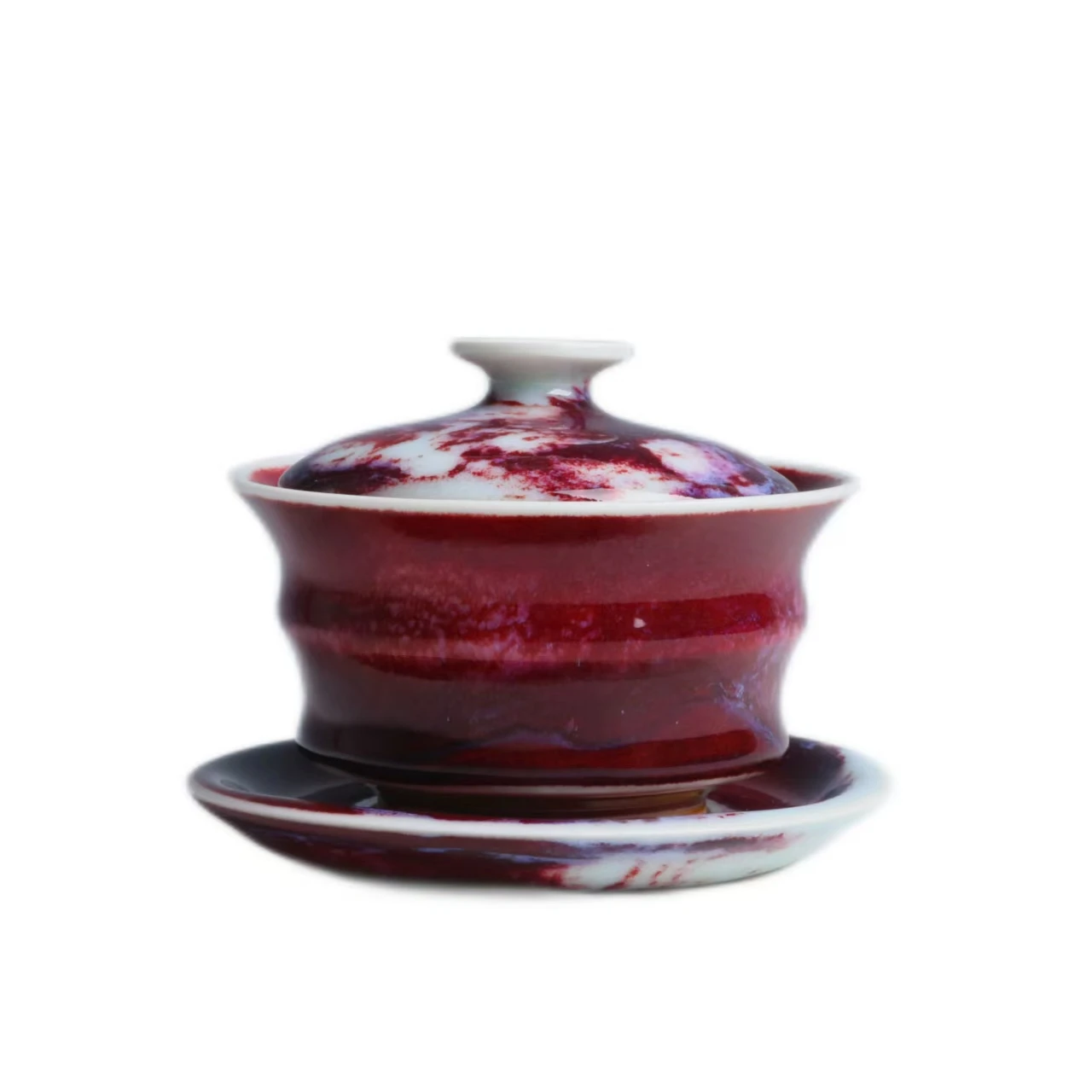 Jun Kiln Coal-fired Smooth Lustrous Fully Handcrafted Chicken Blood Red Kiln Transformation Three-talent Tureen by Wang Dong Xu
