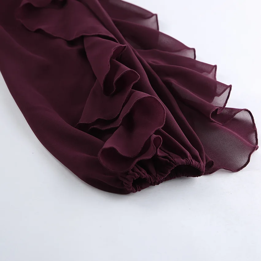 Vintage Ruffles Women Blouse Tops See Through Burgundy Blouse Shirts Elegant Office Lady Chiffon Tops Fashion Women Clothing
