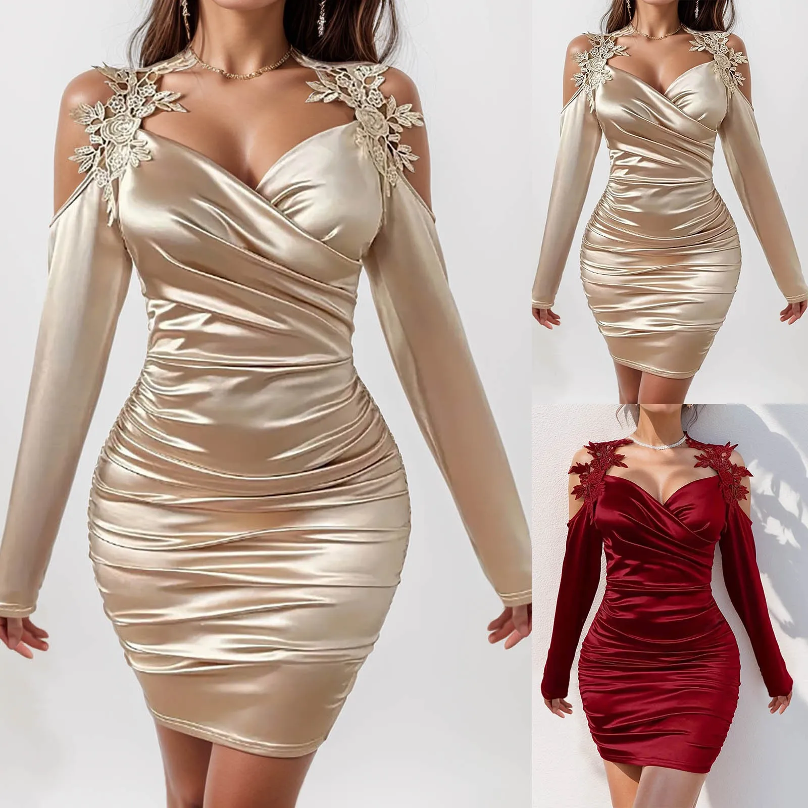 Women's Long Sleeve Evening Party Cocktail Wedding Pleated Dresses Solid Color Folded Fashion Elegant Slim Fit Mini Dress