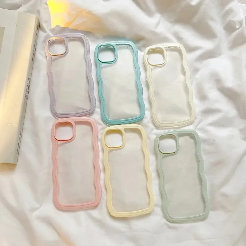 Fashion Transparent Curly Wave Case For iPhone 16 11 12 13 14 15 Pro Max 7 8 Plus XR XS Shockproof Bumper Cover Capa Aesthetic