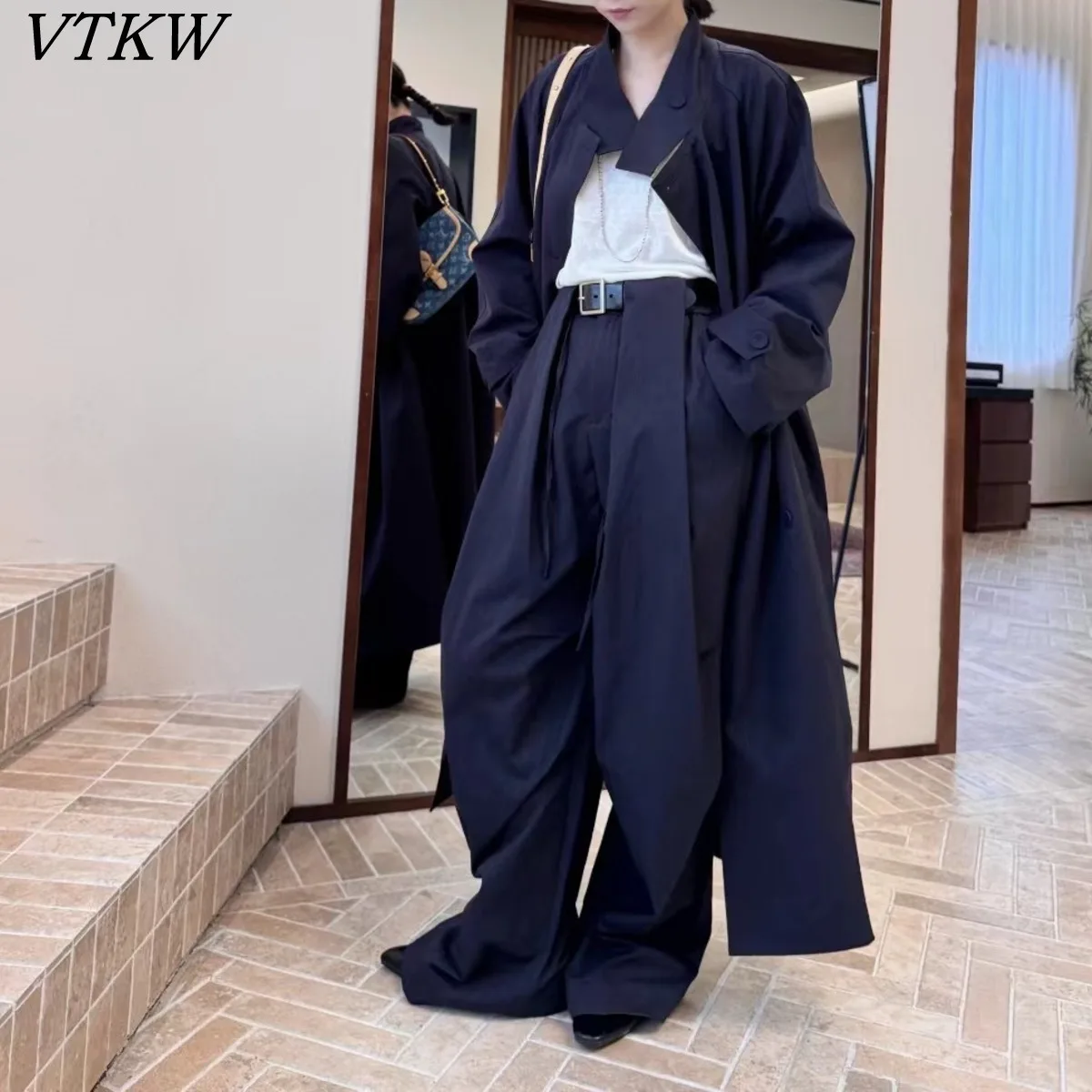 

VTKW 2025 New Women's Trench & Wide Leg 2-Piece Set Stand Collar Double Breasted High Waist Casual Chic Solid Color Spring Fall