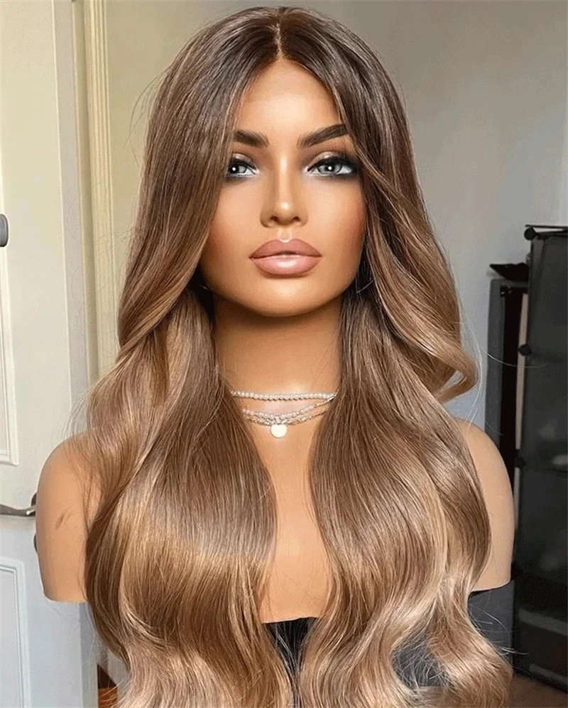 High Density Ombre Honey Blonde With Brown Streaks Synthetic Lace Front Wig Natural Looking Middle Part Hairline Front Lace Wig