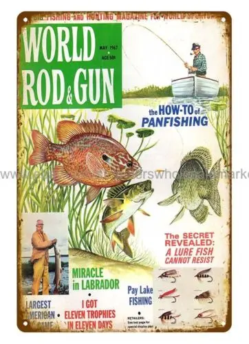 home decor retailers 1967 World Rod Gun Panfish Fishing bait lure metal tin sign