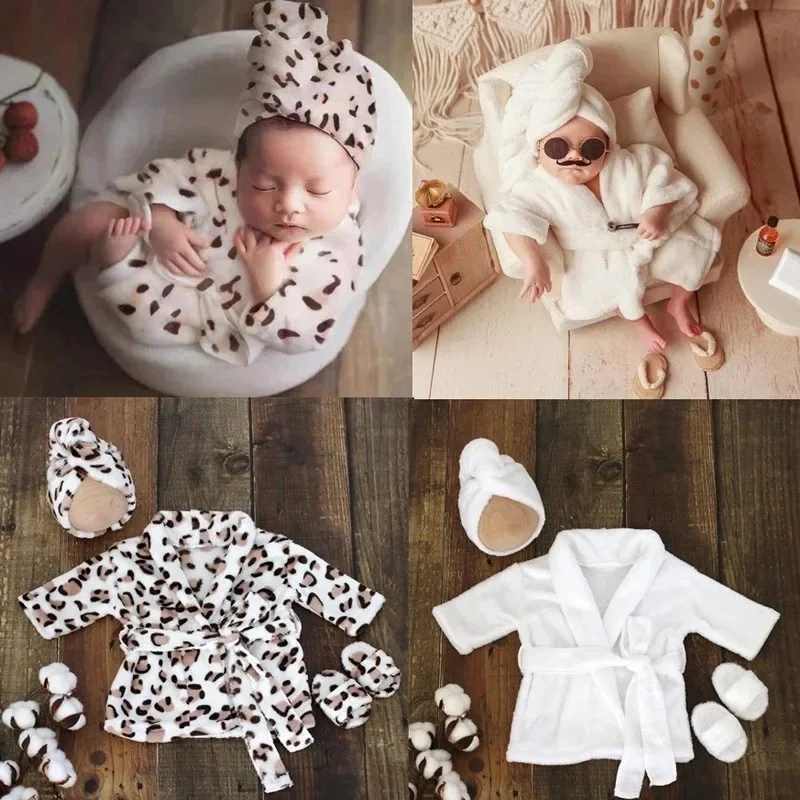 3pcs Newborn Photography Props Outfits Adorable Shower Wind Bathrobe Pajamas Headscarf and Shoes Sets for  Studio Baby Shooting