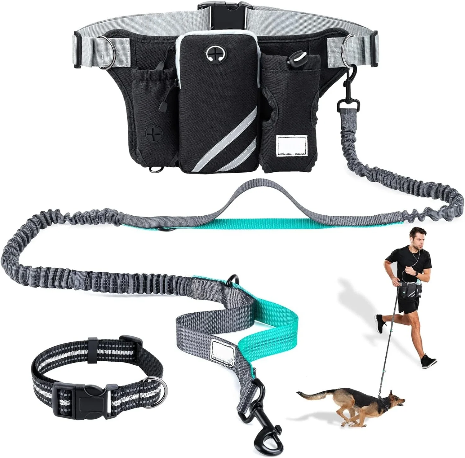 Adjustable Waist Belt Bag, Training Pouch with Retractable Hands Free Dog, Reflective Stitching Leash for Running Walking Hiking