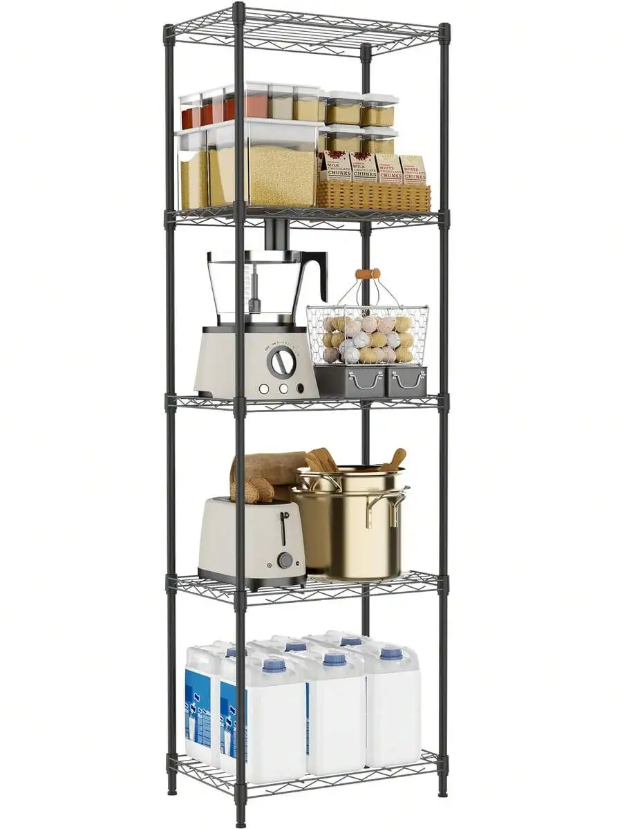5 Tiers Shelf Metal Storage Shelves Wire Rack Closet Organizers With Wheel For Garage Kitchen Bathroom Laundry Black 11.8' D X 1
