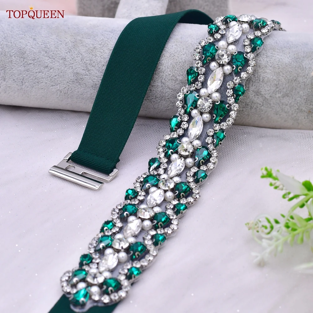 TOPQUEEN S466-D Belts for Women Fashion Waist Elastic Ladies Band Dark Green Rhinestone Decoration Coat Sweater Dress Waistband