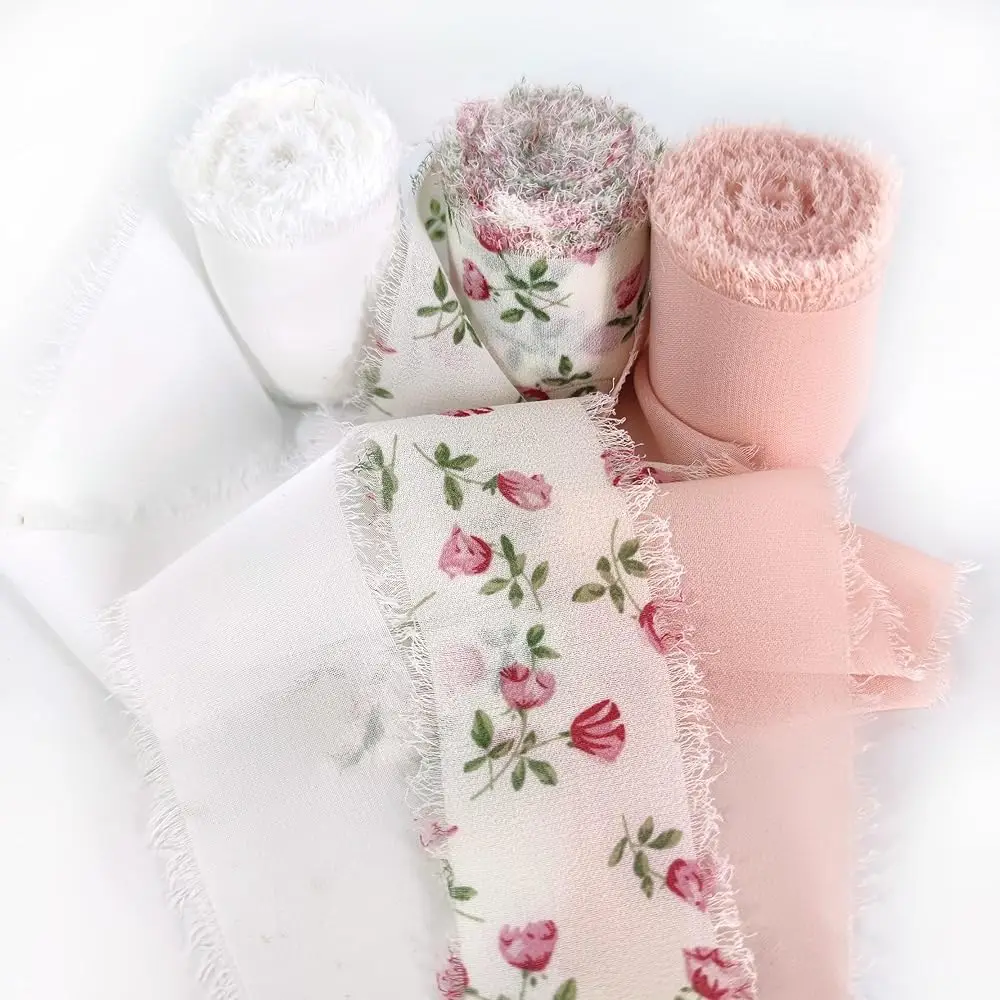 

Цветочная шифоновая лента с бахромой 1,5 дюйма x 15 ярдов (3 рулона по 5 ярдов) для свадебных приглашений, свадебных букетов, декоративных гирлянд своими руками