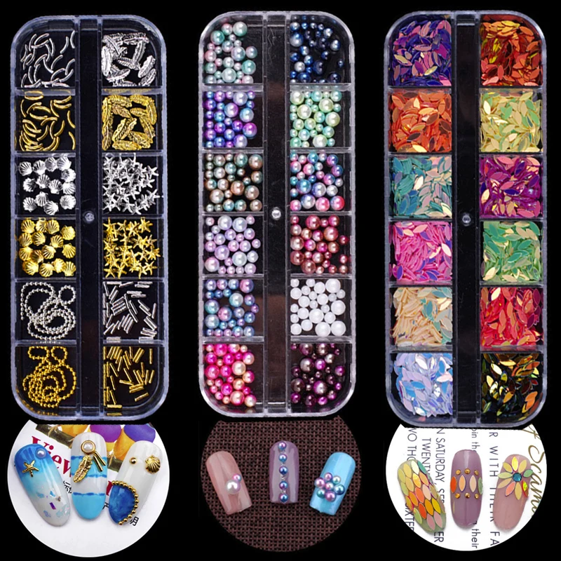 1 Box Multi Size Nail Rhinestones 3D Crystal AB Clear Nail Stones Gems Pearl DIY Nail Art Decorations Gold Rivet Rhinestone