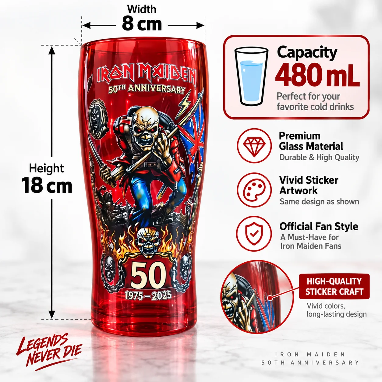 Iron Maiden Eddie Beer Glass 50th Anniversary 1975-2025 Rock Music Pint Cup for Beer Pub Bar Drinkware Fan Gift