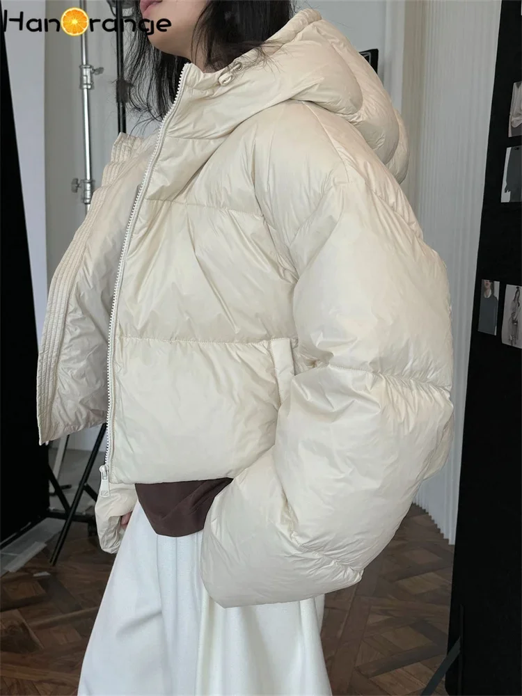 HanOrange 2024 Winter Vintage High Waist Women 90% Duck Down Jacket Hooded Thick Warm Short Coat Black/Off White/Purple