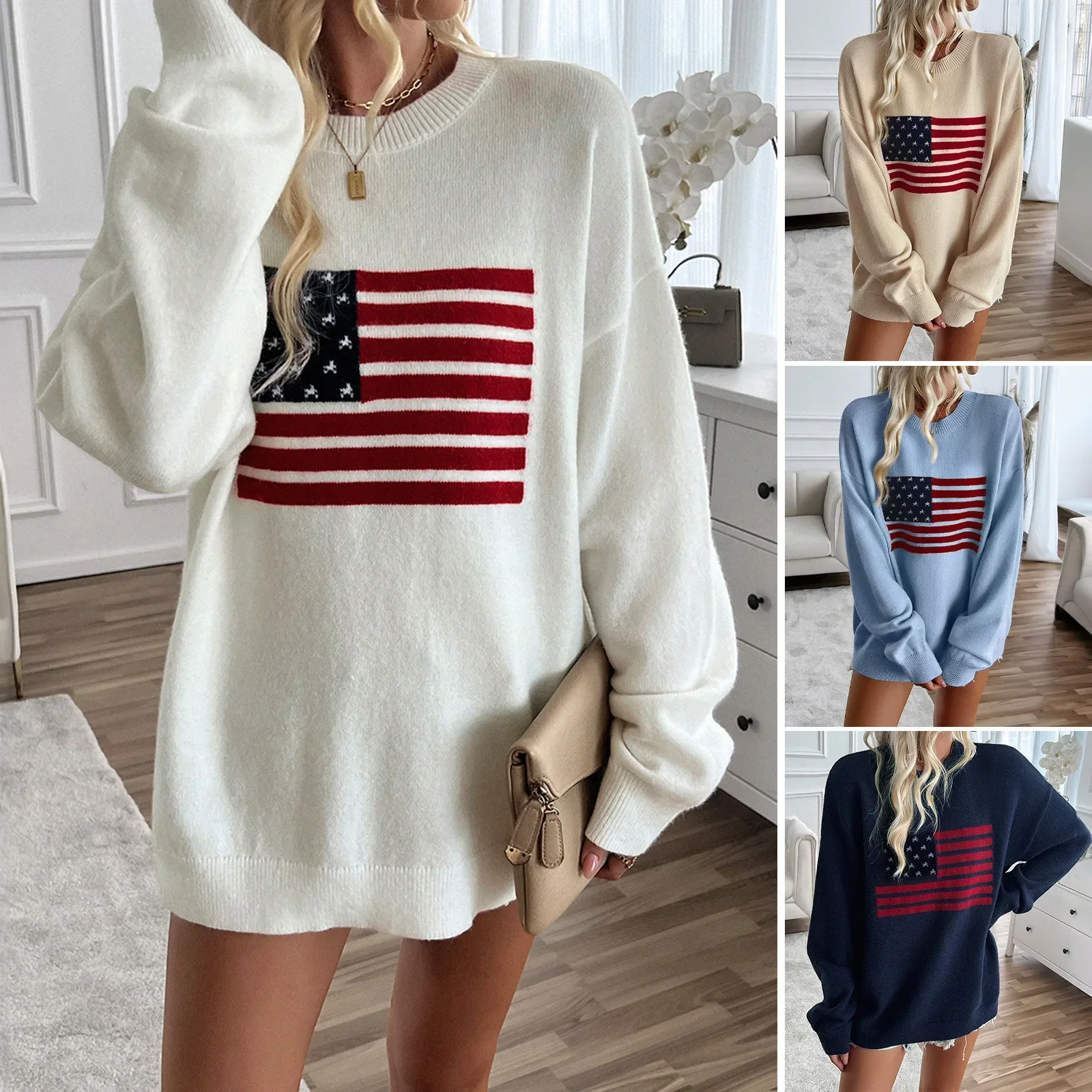 

Women's New Sweater Autumn Winter Casual Loose American Independence Day Long-sleeved Knitted Tops Lady's Thicken Warm Knitwears