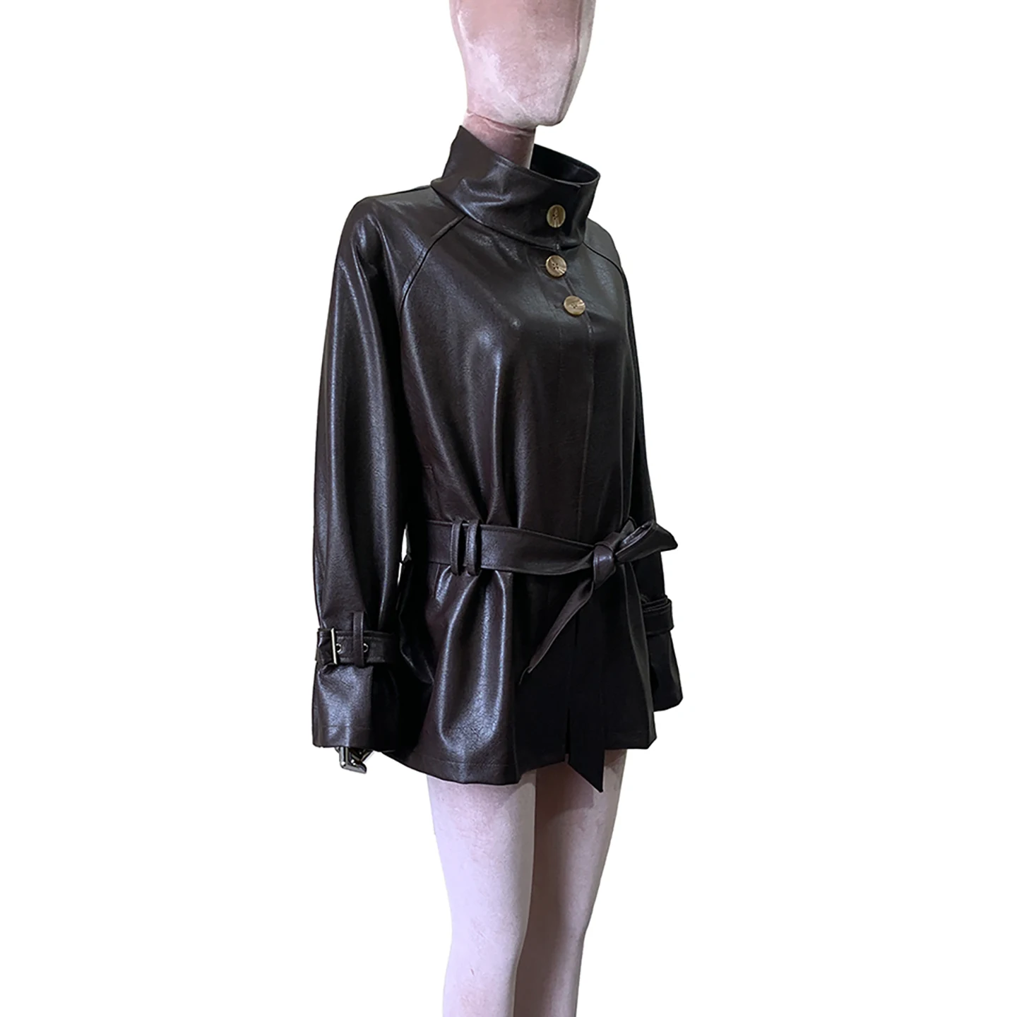 Nerazzurri Vintage Stand Collar Brown PU Leather Jacket Women's Loose Cool Style Long Sleeve Coat Professional Care Required