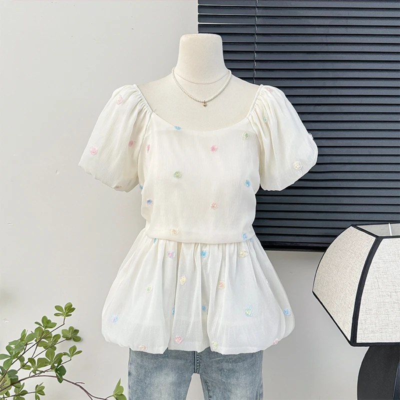 

Sweet Colorful 3D Flower Puff Sleeve Blouse for Women Summer Gentle Pleated Backless Ruffled Hem Top